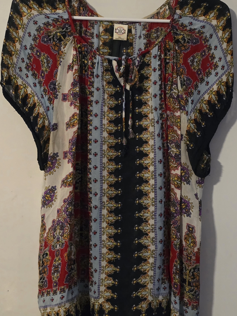 Bila Boho Paisley Tie-Neck Tunic in Black, Red, Cream